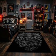 Serpentine Skull Area Rug displayed beneath gothic wall art