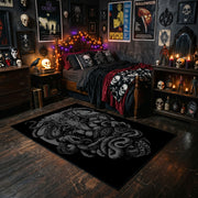 Serpentine Skull Area Rug styled with red shelves and spooky ornaments
