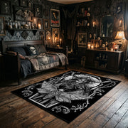 Ornamental Horned Figure Area Rug wide room view with Halloween decorations