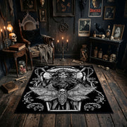 Ornamental Horned Figure Area Rug styled in a candlelit gothic living room