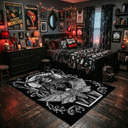 Ornamental Horned Figure Area Rug shown beside a dark bed in a Halloween themed bedroom