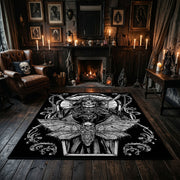 Ornamental Horned Figure Area Rug displayed beside red accented shelving