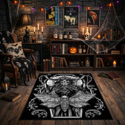 Ornamental Horned Figure Area Rug front view in a warm candlelit room