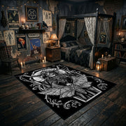 Ornamental Horned Figure Area Rug displayed in a richly decorated room