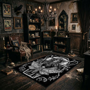 Ornamental Horned Figure Area Rug angled view beside gothic bedroom furniture