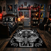Ornamental Horned Figure Area Rug displayed beneath gothic wall art