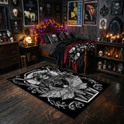 Ornamental Horned Figure Area Rug styled with red shelves and spooky ornaments