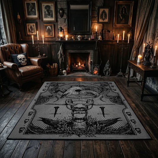 Vintage Occult Illustration Area Rug displayed beside red accented shelving