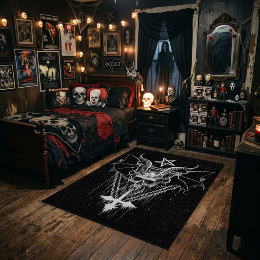 Winged Skeletal Figure Area Rug styled in a gothic bedroom with dark furniture