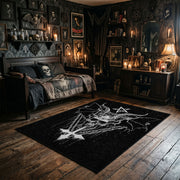 Winged Skeletal Figure Area Rug wide room view with Halloween decorations