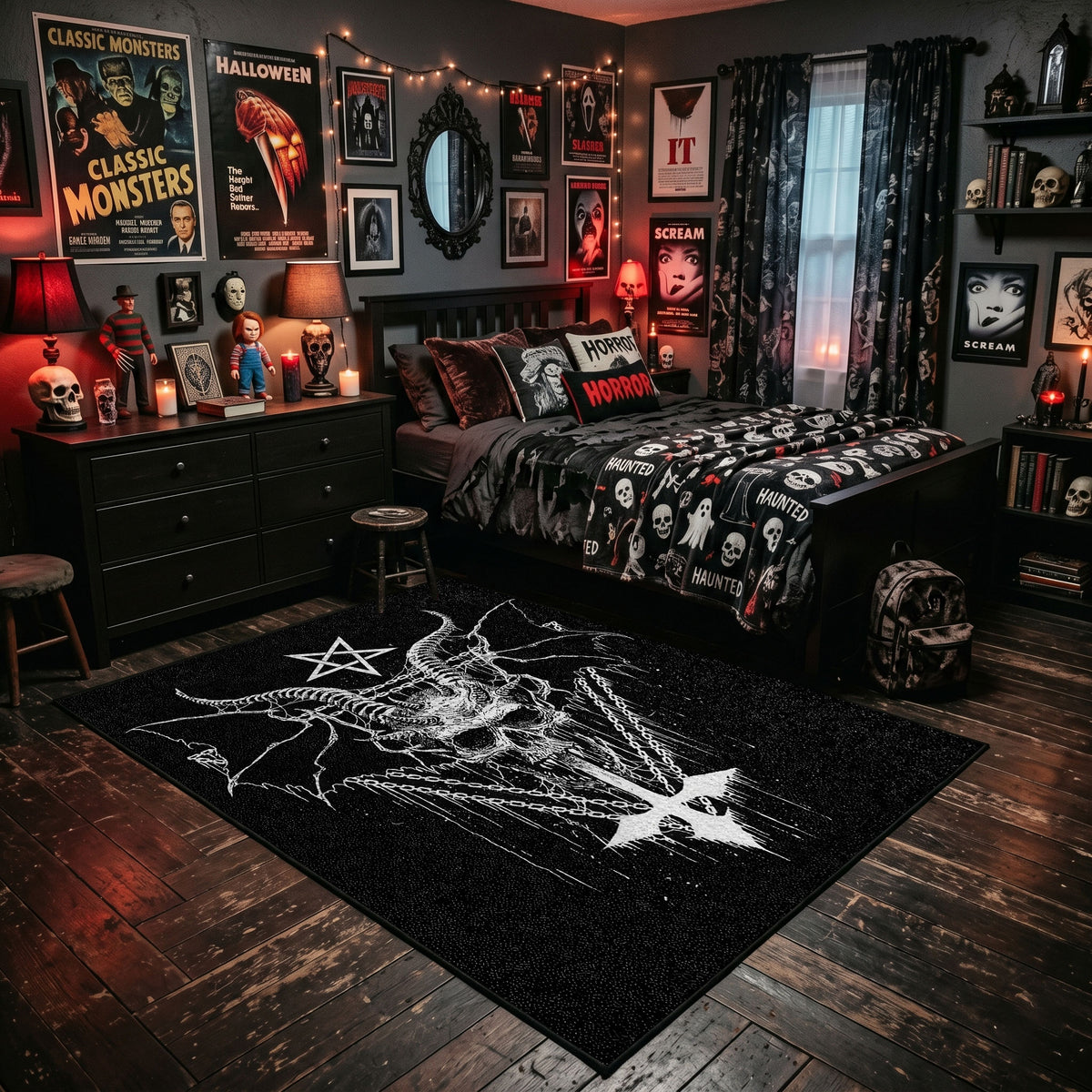 Winged Skeletal Figure Area Rug shown beside a dark bed in a Halloween themed bedroom