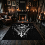 Winged Skeletal Figure Area Rug displayed beside red accented shelving