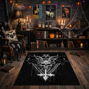 Winged Skeletal Figure Area Rug front view in a warm candlelit room