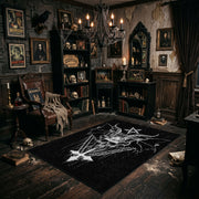 Winged Skeletal Figure Area Rug angled view beside gothic bedroom furniture