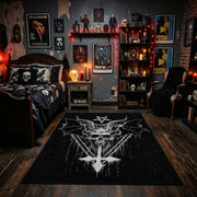 Winged Skeletal Figure Area Rug displayed beneath gothic wall art