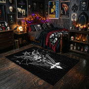 Winged Skeletal Figure Area Rug styled with red shelves and spooky ornaments