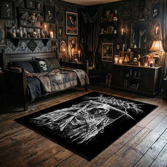 Spectral Reaper Area Rug wide room view with Halloween decorations