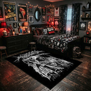 Spectral Reaper Area Rug shown beside a dark bed in a Halloween themed bedroom