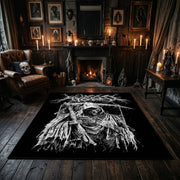 Spectral Reaper Area Rug displayed beside red accented shelving