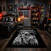 Spectral Reaper Area Rug displayed beneath gothic wall art