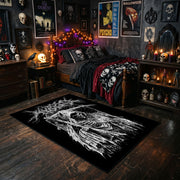 Spectral Reaper Area Rug styled with red shelves and spooky ornaments