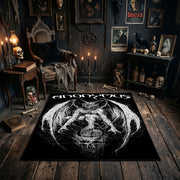 Winged Occult Figure Area Rug styled in a candlelit gothic living room