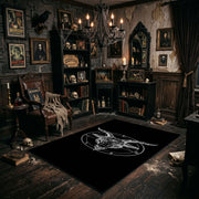 Minimal Horned Circle Area Rug angled view beside gothic bedroom furniture