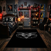 Minimal Horned Circle Area Rug displayed beneath gothic wall art