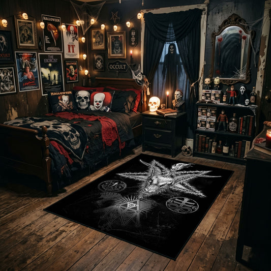 Occult Star Collage Area Rug styled in a gothic bedroom with dark furniture
