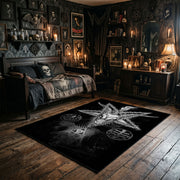 Occult Star Collage Area Rug wide room view with Halloween decorations