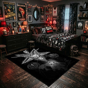 Occult Star Collage Area Rug shown beside a dark bed in a Halloween themed bedroom