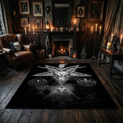 Occult Star Collage Area Rug displayed beside red accented shelving