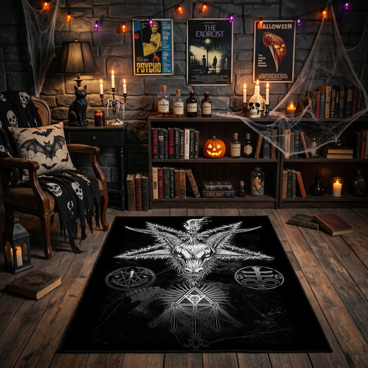 Occult Star Collage Area Rug front view in a warm candlelit room