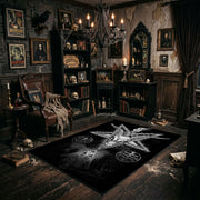 Occult Star Collage Area Rug angled view beside gothic bedroom furniture