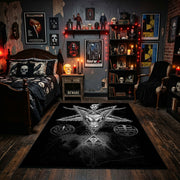 Occult Star Collage Area Rug displayed beneath gothic wall art