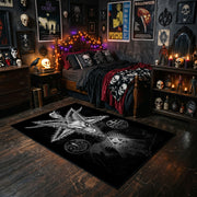 Occult Star Collage Area Rug styled with red shelves and spooky ornaments