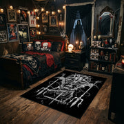 Horned Skeletal Figure Area Rug styled in a gothic bedroom with dark furniture