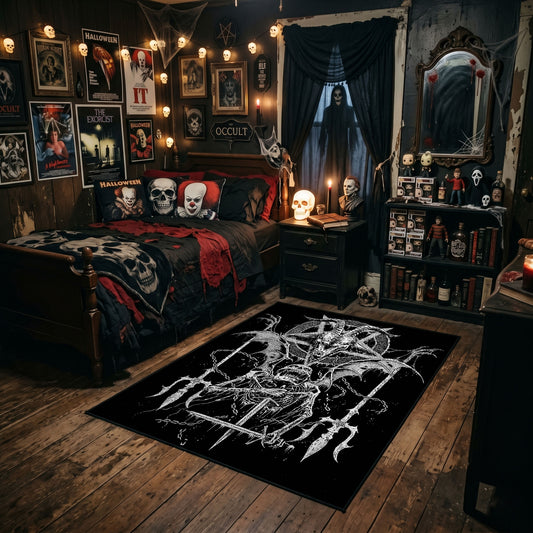 Horned Skeletal Figure Area Rug styled in a gothic bedroom with dark furniture