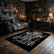 Horned Skeletal Figure Area Rug wide room view with Halloween decorations