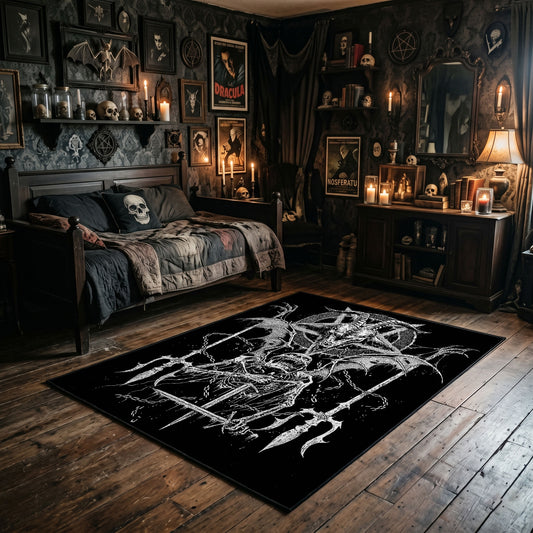 Horned Skeletal Figure Area Rug wide room view with Halloween decorations