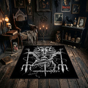 Horned Skeletal Figure Area Rug styled in a candlelit gothic living room
