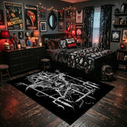 Horned Skeletal Figure Area Rug shown beside a dark bed in a Halloween themed bedroom