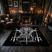 Horned Skeletal Figure Area Rug displayed beside red accented shelving