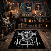 Horned Skeletal Figure Area Rug front view in a warm candlelit room
