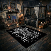 Horned Skeletal Figure Area Rug displayed in a richly decorated room