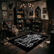 Horned Skeletal Figure Area Rug angled view beside gothic bedroom furniture