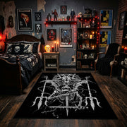 Horned Skeletal Figure Area Rug displayed beneath gothic wall art