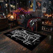 Horned Skeletal Figure Area Rug styled with red shelves and spooky ornaments