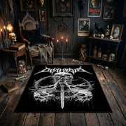 Tangled Skull Illustration Area Rug styled in a candlelit gothic living room