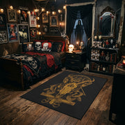 Golden Occult Figure Area Rug styled in a gothic bedroom with dark furniture